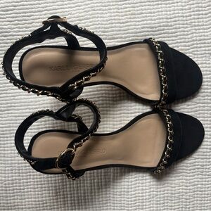 Karl Lagerfeld Black Suede Ankle-Strap Sandal with Gold Chain